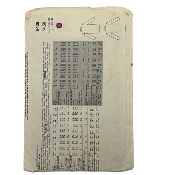 Vintage Very Easy Vogue 8426 Sewing Pattern For Womens Jackets Size 12-14-16 - Picture 2 of 2